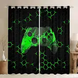 Spieler Fenstervorhänge Für Jungen Geometrisches Wabenmuster Sechseck Fenstervorhänge Kinder Cool Spielen Vorhang Videospiel Gamepad Ösenvorhänge Für Spielzimmer Grün Schwarz 55 "x 69", 2 Paneele