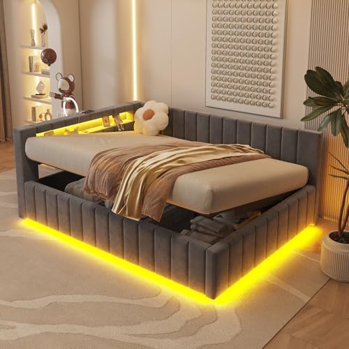 FEZTOY Polsterbett Schlafsofa 140x200, Doppelbett mit Hydraulischem Stauraum, mit LED-Licht und USB-Ladefunktion, Tagesbett Jugendbett mit Lattenrost, Samtstoff, ohne Matratze, Grau