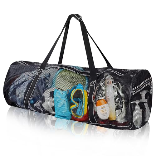 SilverChry Extra Große Netztasche für Tauchen, 90 * 37 * 37cm Tauchen Strand Tasche, Netztasche Handtasche, Faltbare Netztasche für Tauchen, Badetaschen Strandtaschen mit Reißverschluss (Schwarz-XL)
