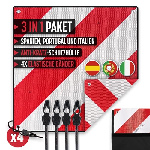 MAGMA | Warntafel Italien Fahrradträger | 3-Pack Warntafel Italien Spanien + 4 Spanngurte + Tasche Anti Kratzer | Warntafel Fahrradträger | Wohnmobil | Warnschild 50x50 cm | Schild Fahrrad Rot