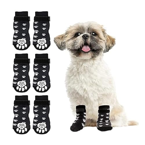 Xvbhaq 6pcs Hund im Freien Indoor Soft Verstellbar Warme, wasserdichte, rutschfeste Socken in schwarz Größe L
