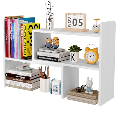 EasyPAG Schreibtisch Regal Holz Freistehend Kleines Bücherregal Verstellbar Schreibtisch Organizer Ständer Bürobedarf Ablage Display Regal,Weiß