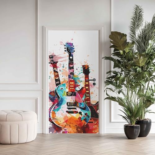 Türtapete 90x200 cm Gitarre, Türaufkleber Selbstklebend Musikinstrumente Aquarell Bunt, Türfolie Türposter Folie für Schlafzimmer Wohnzimmer Tür verschönern Deko