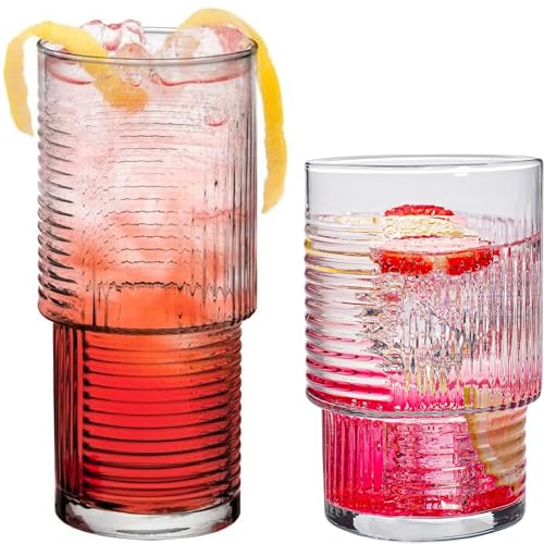 KONZEPT Gläser Set 12-teilig: 6 Longdrinkgläser 400ml + 6 kleine Gläser Geriffelt 320ml, Ideal für Eiskaffee, Smoothie, Saft, Wassergläser Set, Spülmaschinenfest