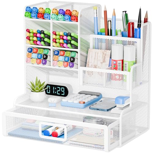 Restorgan Netz Schreibtisch Organizer,12 Fächer Mesh Stifthalter mit Schublade, Stiftehalter, Stiftebox, Multifunktionaler Schreibtisch Organizer für Heimbürobedarf (Weiß)