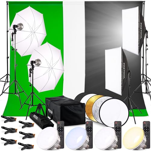 PIXETOOL Fotostudio Set - Greenscreen (3 x 3 m) mit Ständer (3 x 2,6 m) - Softbox mit Lampen Set - Green Screen Fotohintergrund - Reflektor - Studiolicht Fotolampe - Streaming Fotografie Hintergrund
