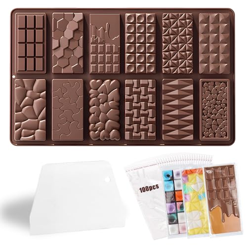 Schokoladenform Silikon, 12 Tafeln Schokoladentafel Tief Form mit Schaber und Tasche, Schokoladentafel Tiefe Schokoladenform, Extra Tief Schokolade Form für Schokolade Praline Süßigkeiten
