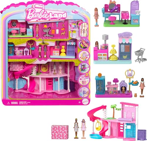 Barbie Mini Barbie Land Traumvilla und 3 Spielsets mit 4 ca. 3,8 cm großen Puppen, Puppenhausmöbeln und -zubehör, enthält Tierhandlung, Friseursalon und Supermarkt, JGL31