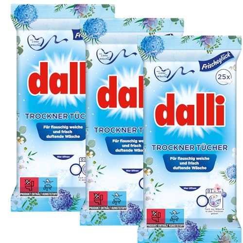 dalli Trockner-Tücher I für ca. 75 Trocknungsvorgänge | 3 x 25 Tücher (75 Tücher) I macht die Wäsche flauschig weich und bügelleichter