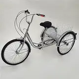 24 Zoll Silbrig Dreirad Für Erwachsene, 6 Gänge, Höhenverstellbarer, Max Tragfähigkeit 110kg, Fahrrad Mit 3 Rädern Mit Korb, Für Städte Strände Fahrradwege, Unisex