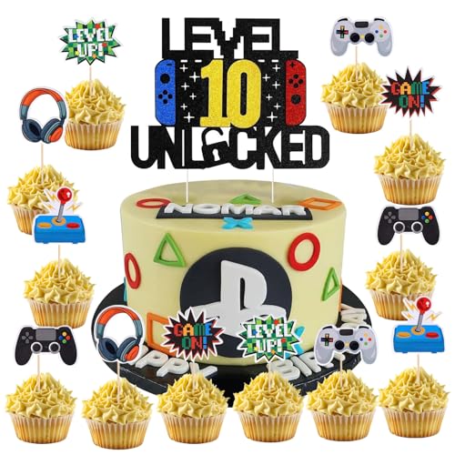 37 Stück Videospiel Tortendeko Geburtstag,10 Jahre alt Party Videospiel Cupcake Topper,Happy Birthday Kuchen Deko, Glitzer Spielkonsolen Thema Torten Deko, Cupcake Topper für Kindergeburtstag Party