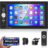 Autoradio 2 Din mit Bluetooth Freisprecheinrichtung IOS/Android Mirror Link 6.2 Zoll Touchscreen Autoradio Doppel Din mit Bluetooth FM/USB/AUX/EQ/TF Lenkradsteuerung + Rückfahrkamera Fernbedienung