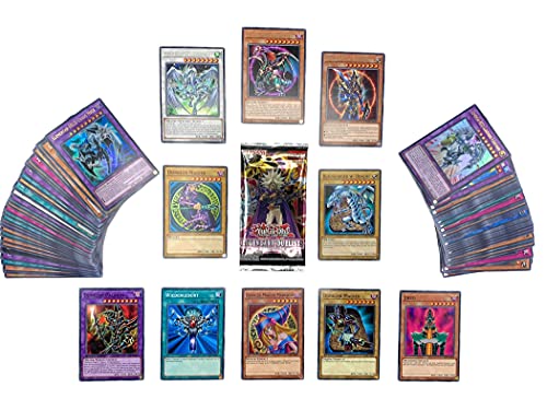 Yu-Gi-Oh! Kartenset mit 100 Karten(85 Commons - 10 rares - 5 Holos) - mit möglichen Magiern oder Drachen + 1 zufälligen aktuellen Booster in erster Edition + 100 Heartforcards® Hüllen