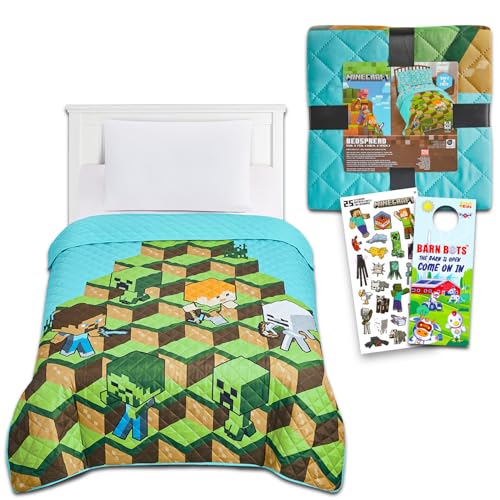 Minecraft Tagesdecke Twin-Set für Kinder – Bündel mit Minecraft gesteppter Tagesdecke für Doppelbett plus Aufkleber, mehr | Minecraft Twin-Bettwäsche-Set für Jungen