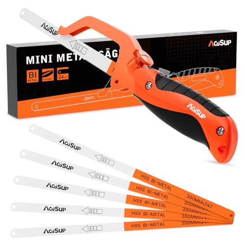 AojSup Mini Metallsäge mit 5tlg. Metallsägeblatt 300mm, Kleine Eisensäge/Junior Hacksaw mit Verstellbarer Sägehandgriff - Effizientes und Präzises Schneiden, HSS Sägeblätter für Metallsäge & Bügelsäge