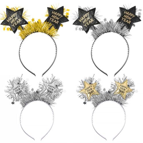 DIELOVEHUA 4 Stück Happy New Year Haarreif, Silvester Haarreif, Glitzernd Silvester Party Haarreif, 2025 Silvester Foto Requisiten, Silvester Party Haarschmuck für Kinder Erwachsene