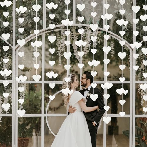 QeeFop Weiß Herz Girlande Hochzeit Deko, 52Ft Doppelseitig Metallisches Papier Hängende Girlande für Hochzeit, Geburtstag, Brautparty Deko, Weiß