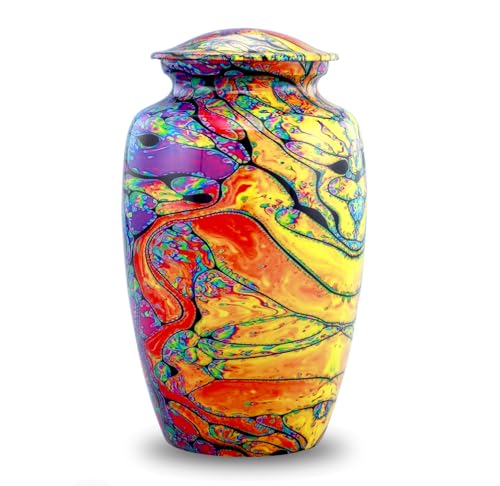 Moderne Druckurne – bunte Urne für Asche – handgefertigte Batikurne – Farben des Lebens Batikurne – Regenbogenurne – Beerdigungs- und Gedenkurne in voller Größe für menschliche Asche mit Samtbeutel