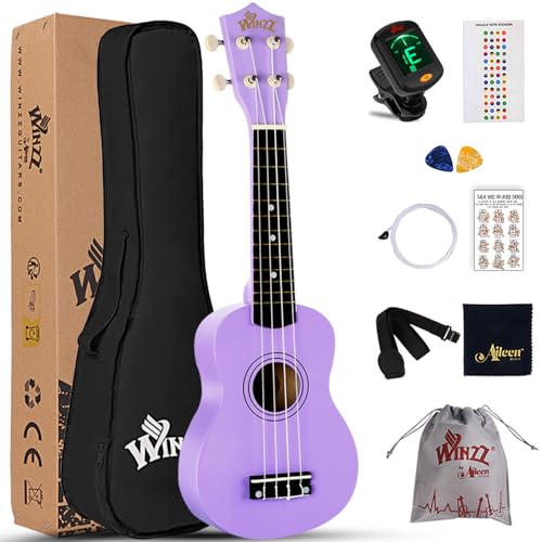 Winzz Sopran Ukulele Starter Kit für Anfänger, mit Tasche, Clip-On Tuner, zusätzlichen Saiten, Gurt, Plektron, Griffbrettaufkleber, Akkord-Karte, Poliertuch (Violett)