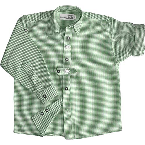 German Wear Kinder Trachtenhemd für Trachtenhosen Oktoberfest Trachtenmode mit Edelweiß karo, 140/146 Grün