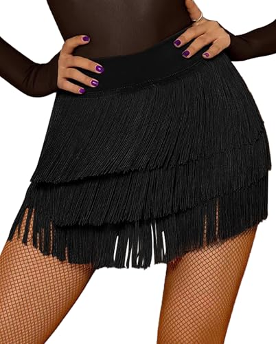 SEAUR Latein Tanzrock Damen Fransen Rock mit Shorts Training Tanzkleidung Tango Rumba Cha Cha Samba Rocklänge 38-39cm - EU S (Asie M)
