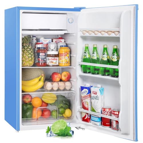 Upstreman 91L Kühlschrank mit Gefrierfach,Kleiner Kühlschrank mit Gemüsefach und Gefrierfach, Einstellbarem Thermostat, Mini-Kühlschrank für Wohnheim, Schlafzimmer, Büro, Blau-BR321