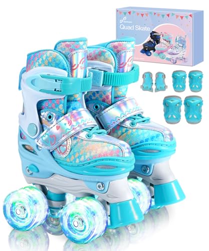 Sportneer Kinder-Rollschuhe, Rollschuhe mit Schutzausrüstung, verstellbare Rollschuhe mit 8 leuchtenden Rädern, für Mädchen, Kinder, Jugendliche, Anfänger, drinnen und draußen