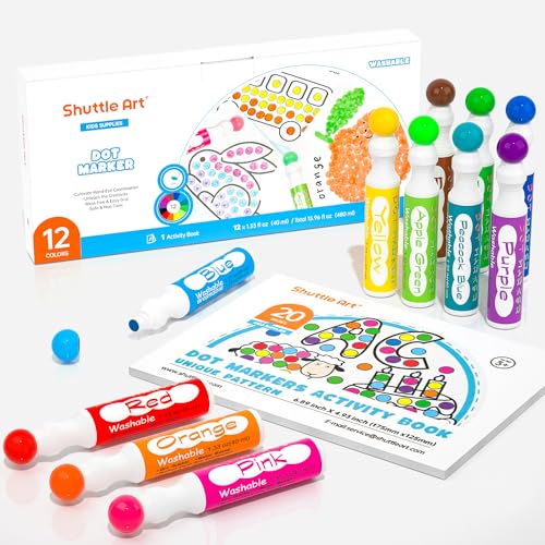 Dot Markers, Shuttle Art Waschbare Punktmarker, 12 farbige Bingomarker (Bingo Dabbers), mit 30 einzigartigen Mustern von Dot Book für Kinder-Kunstaktivitäten, Ungiftige Tinte auf Wasserbasis