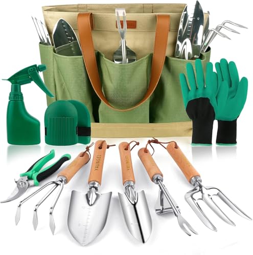 YAUNGEL Gartenwerkzeug Set, 10 Stück Schwerlast Edelstahl Gartenarbeit Kit mit Non-Slip Holzgriff- Garten Geschenke Verpackung für Frauen Männer, Grün
