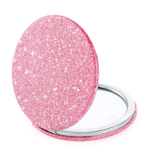 Andibro Kompaktspiegel, Glitzer Taschenspiegel Mini Runder Make-up Spiegel Faltbarer Handheld 2-seitiger 1x/2-fache Vergrößerung Kompaktspiegel Kleiner Tragbarer Handspiegel für Frauen Mädchen (Rosa)