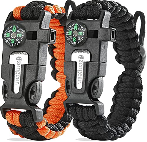 aZengear Paracord Überlebensarmband | Feueranzünder aus Feuerstein und Stahl, Pfeife und Kompass | verstellbare Bandgröße für Camping, Bushcraft und Notfallausrüstung (Schwarz und Orange, Paar)