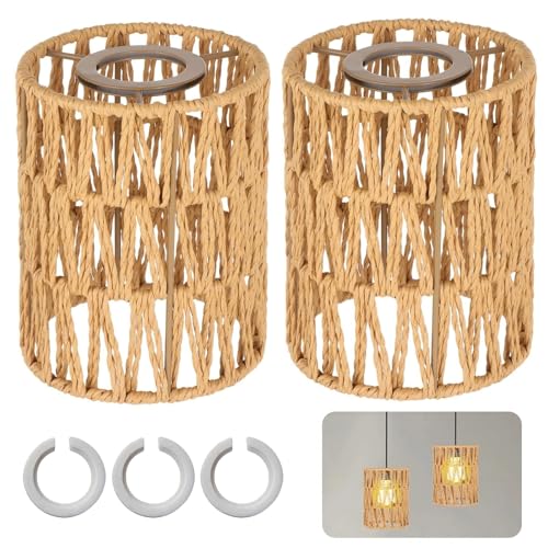 2 Stück Lampenschirm Hängelampe, Rattan Hängelampe Korbgeflecht (H 15cm) mit Lampenschirm-Adapterring, Ersatzschirm Zubehör für Stehlampe, Tischlampe, Pendelleuchten, Deckenlampe