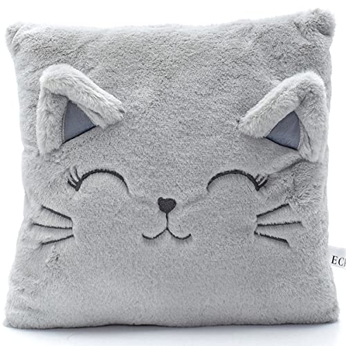 ecrou Kuschelkissen Kinder, Flauschig Dekokissen Mit Füllung, Kinderkissen,Zierkissen für Babyzimmer,Kinderzimmer Deko, Geburtstagsgeschenk für Frauen 35x35cm (Katzen-Grau)