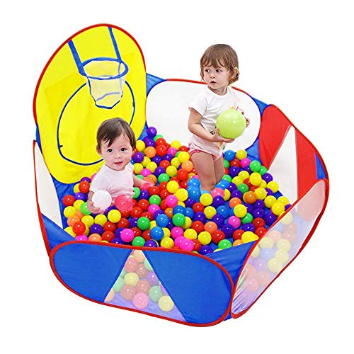 Eocolz Bällebad für Kinder, großes Pop-Up-Ballgäbe für Kleinkinder, Spielhaus, Baby-Laufstall, mit Basketballkorb und Aufbewahrungstasche mit Reißverschluss, 120 cm (Blau & rot & gelb)