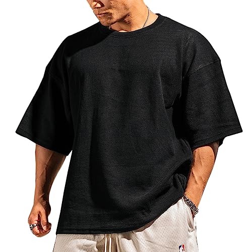 Herren Basic Kurzarm Waffel Sweatshirt Lockere Trainieren Zur Seite Fahren Rundhalsausschnitt Shirt Schwarz XL