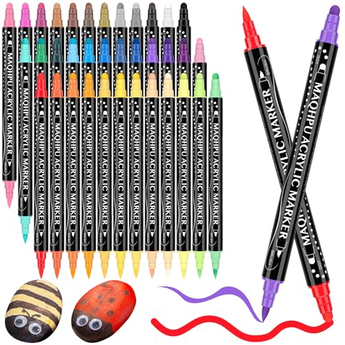 Maqhpu 36 Farben Acrylstifte, Acrylstifte für Steine Wasserfest, Steine zum Bemalen Stifte Set, Dual Tip Multimarker Acrylmarker für Holz, Glas, Papier, Keramik, Basteln Erwachsene Kinder