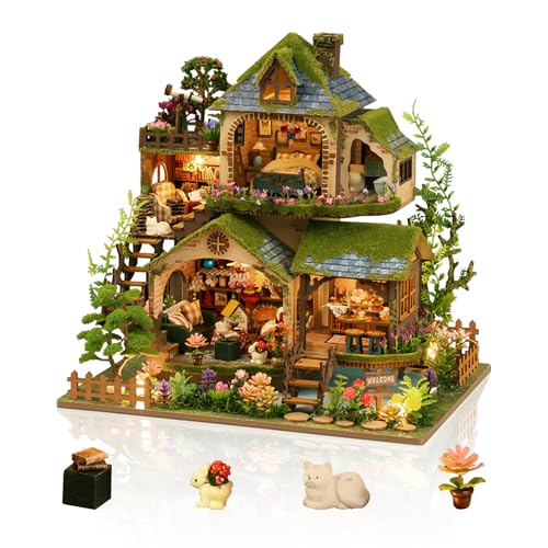 Cuteefun DIY Miniatur Haus Puppenhaus, Mini Puppenhaus mit LED, Holzhandwerk für Erwachsene Teenager zum Bauen, Geburtstag (Abenteuer Wald)