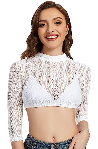 Dirndl Bluse Damen Dirndlbluse Spitze Trachtenbluse Langarm Weiß Hochgeschlossen Bluse Oktoberfest 40