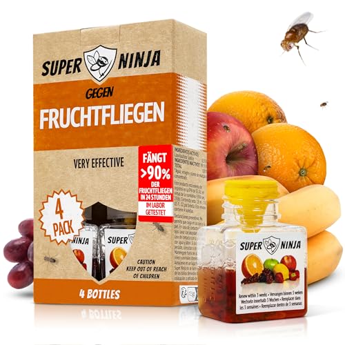 Super Ninja Fruchtfliegenfalle für Innenbereich – 4er-Pack, Wirksame Obstfliegenfalle für Haushalt und Küche, bis zu 3 Wochen Leistung pro Flasche, Kinder-und haustierfreundlich