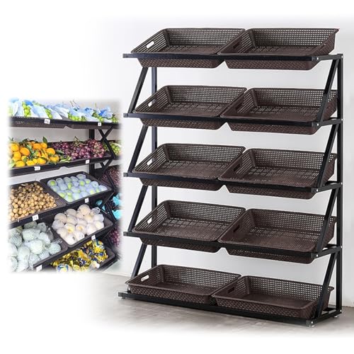 Obst und Gemüseständer Convenience Store Regal Supermarkt Organisator Große Kapazität Korbregal für den Einzelhandel mit 4/5/8/10 Körben für Zwiebeln Kartoffeln(Brown,10 Frame)