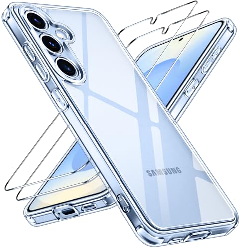 ivoler Nie Vergilbung Klar Hülle für Samsung Galaxy S25 5G, 1 Handyhülle mit 2 Stück Panzer Schutz Glas, [Militärischer Schutz] Stoßfest Transparent Schutzhülle Dünn Durchsichtige Case