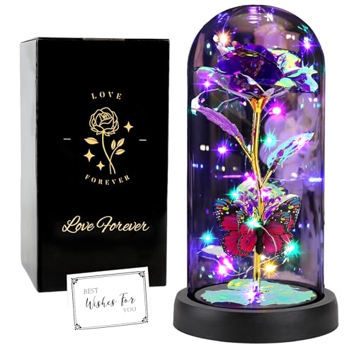 FAYODO Die Schöne und das Biest Ewige Rose, Galaxy Rose Geschenk für Freundin, Rose in Einer Glaskuppel mit LED-Licht, Geschenk für Mama (Lila)