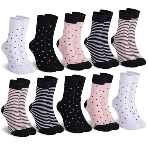 Mowenti socken damen 35-38 sportsocken strümpfe socks Damensocken bunte schwarz Streifen Punkte baumwollsocken 10 Paar 1x Weiß 2x Pink 2x Schwarz