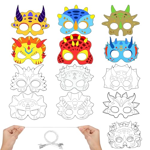 Hifot DIY Tiermasken für Kinder Dinosaurier Maske Blanko Bemalen Kinder Masken zum Bemalen Tiermasken zum Ausmalen für Kinderparty Spiele Bastelset Kindergeburtstag Basteln (12 Stücke)