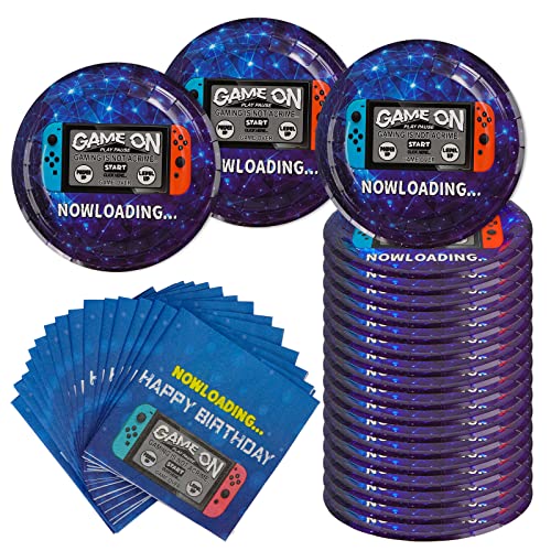 AINIUNIU Video Gaming Partyzubehör Set, Spielthema Party Spiel Geschirr, 40 Pcs Videospiel Party Zubehör Dekoration - 20 Party Geschirr and 20 Videospiel Party Paper Plates, für Jungen und Spieler