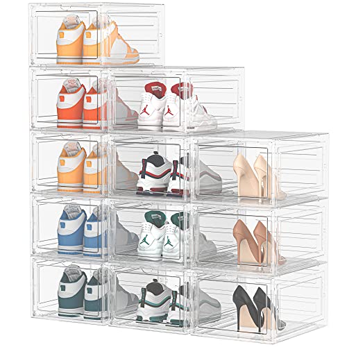 HOMIDEC Schuhboxen Stapelbar Transparent, 12 Stück Hartplastik Schuhkarton mit Deckel, Schuhaufbewahrung für Stöckelschuhe, Stiefeletten, Pumps, High Tops, für Größe 46, Transparent