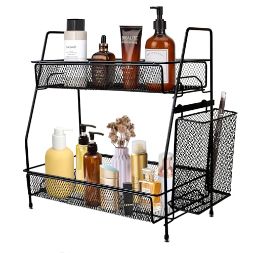 Mangotree Bad Arbeitsplatte Veranstalter, 2-Tier Gewürz Lagerung Rack, Vanity Veranstalter mit Toilettenartikel Korb, Küche Counter Regal für Bad, Küche, Schlafzimmer, Büros (schwarz)