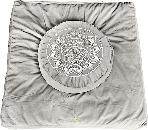 Florensi Meditation Cushion & Mat Value Bundle- Premium Meditation Cushion Set for Women and Men - Velvet Washable Cover - Buckwheat Round Floor Pillow & 100% Cotton Zabuton Square Floor Cushion
