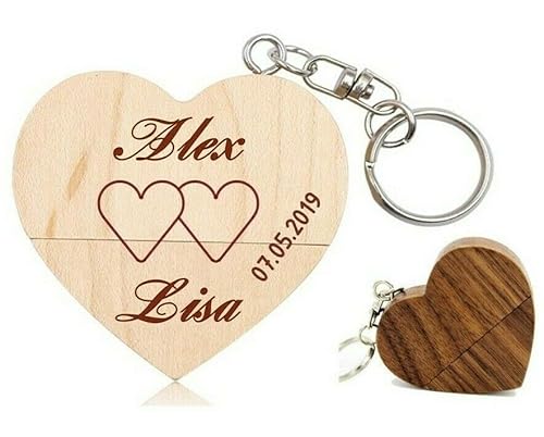 Personalisiert USB Stick Holz mit Gravur Namen massiv Herz Liebe Hochzeit Wunschtext Wunschgravur Speicherstick Flash Drive (32GB 2.0, Mit Gravur, Ahorn)