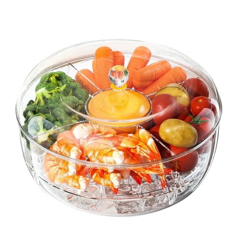 YNHJQP Snackbox mit Fächern Rund, 360 Grad Drehung, Zweilagig, Gekühlt Snackteller, Staubdicht Und frischhaltend Servierplatte mit Deckel, zur Aufbewahrung von Obst, Snacks und Gemüse (1)